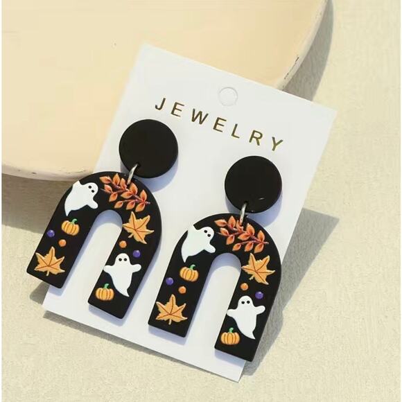 Halloween Dangle U-Shaped Resin Earrings Ghost Maple Leaves - Picture 2 of 4